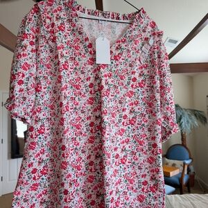 Floral Red Pink and White Short Sleeve Blouse Ruffle Detail